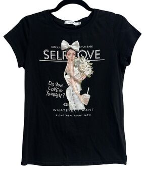 Black "Self Love" Graphic Tee with Bow Detail - Women's Top